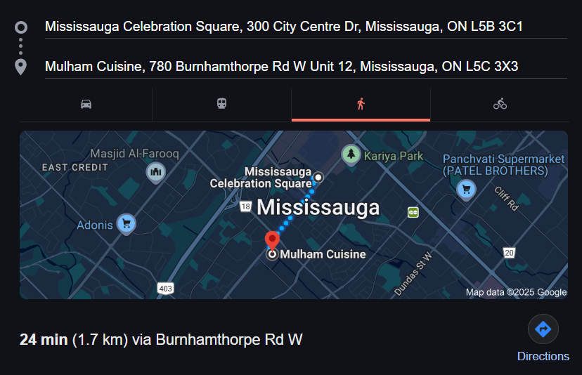 Map showing walking directions from MHFF in Mississauga Celebration Square (300 City Centre Dr) to Mulham Cuisine (780 Burnhamthorpe Rd W Unit 12), Mississauga, ON. Estimated walking time is 24 minutes over a distance of 1.7 km via Burnhamthorpe Rd W.