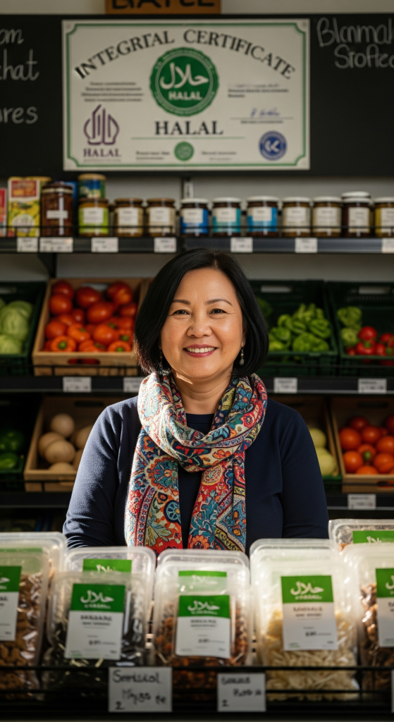 Proud female shop owner smiling in her Halal-certified store, with the certificate visible in the background.
