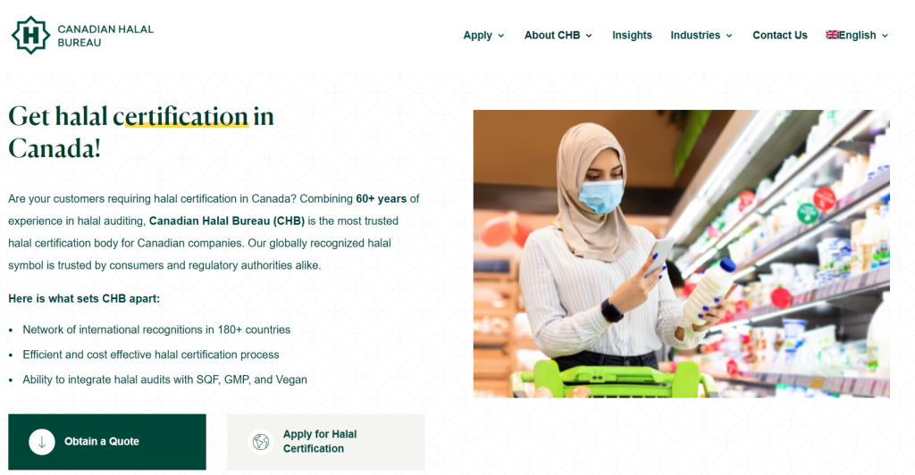 The official website homepage for the Canadian Halal Bureau (CHB), a halal certification company in Canada, highlighting their experience and streamlined halal certification process.