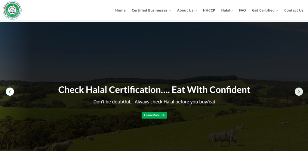 Homepage of the Canadian Halal Food Certifying Agency (CHFCA), one of Canada's halal certification agencies, with the slogan'Check Halal Certification.... Eat With Confident'