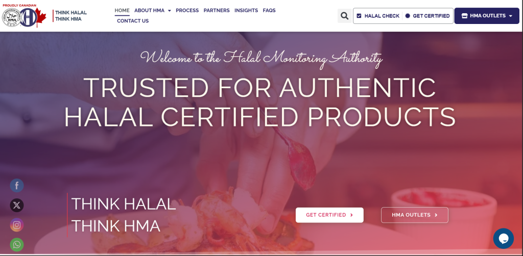 Website of the Halal Monitoring Authority (HMA), a trusted halal certification issuer in Canada, showing their slogan'Trusted for Authentic Halal Certified Products'.