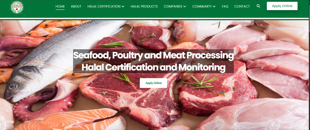 Homepage of IFANCC (Islamic Food & Nutrition Council of Canada), a leading halal certification agency, showing an array of fresh meat, poultry, and seafood with text about halal certification and monitoring services.