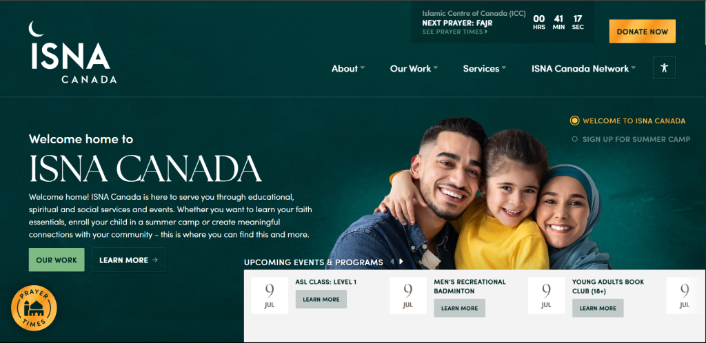 Homepage of the ISNA Canada website, a major Islamic organization in North America, showing upcoming community events and programs.