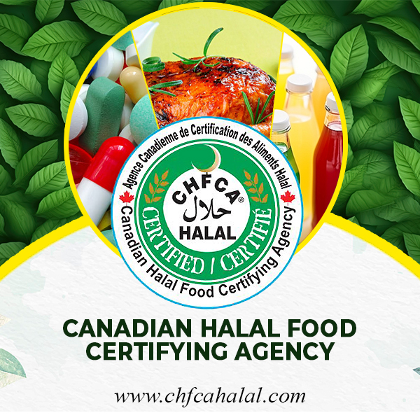 Official logo of the Canadian Halal Food Certifying Agency (CHFCA), showcasing the scope of their halal certification services for food, pharmaceuticals, and cosmetics in Canada.