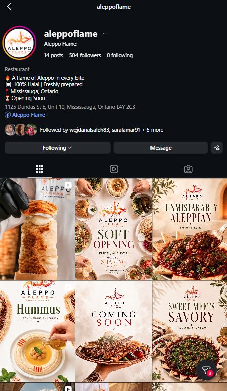 Aleppo Flame Instagram profile announcing its halal restaurant opening in Mississauga