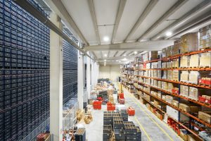 Pallets and boxes inside a wholesale warehouse
