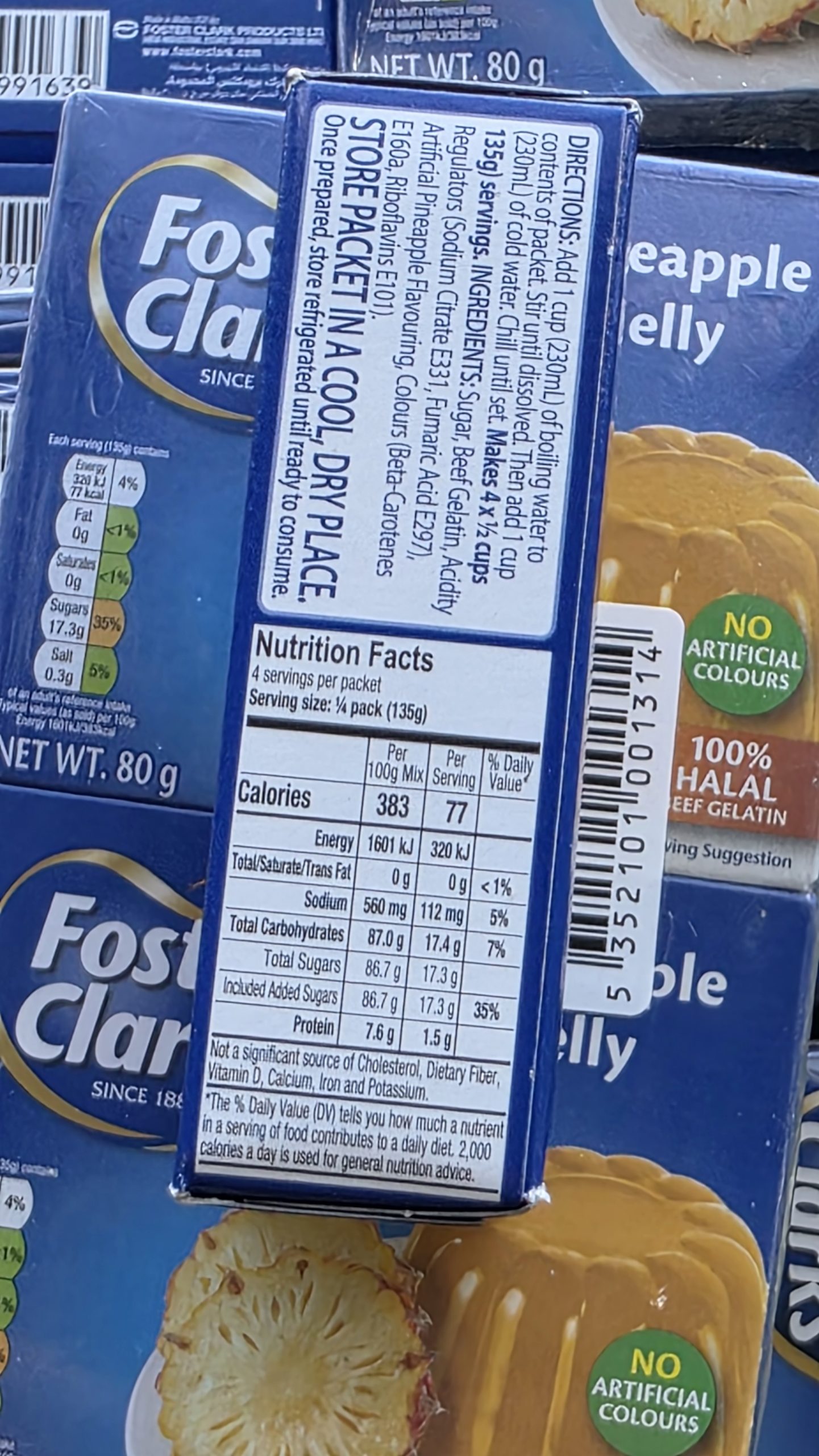 Foster Clark Pineapple Jelly ingredients panel showing beef gelatin