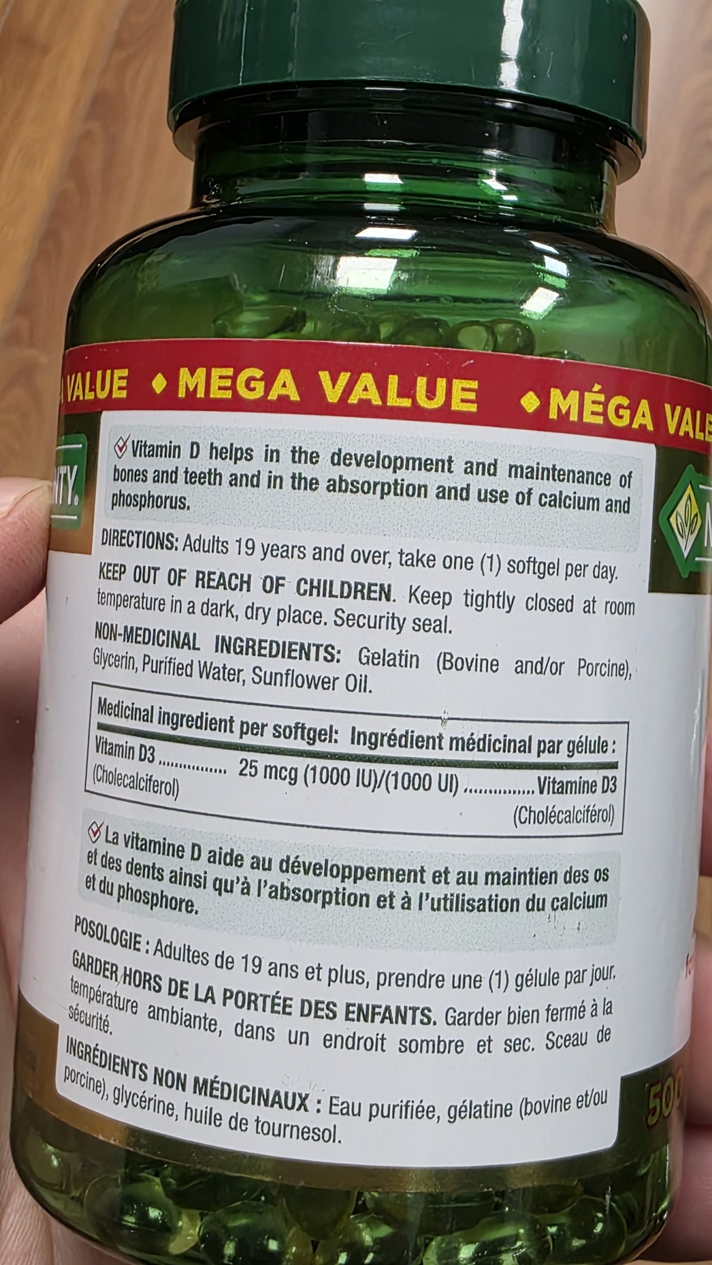 Nature’s Bounty Vitamin D3 label listing gelatin as bovine and/or porcine