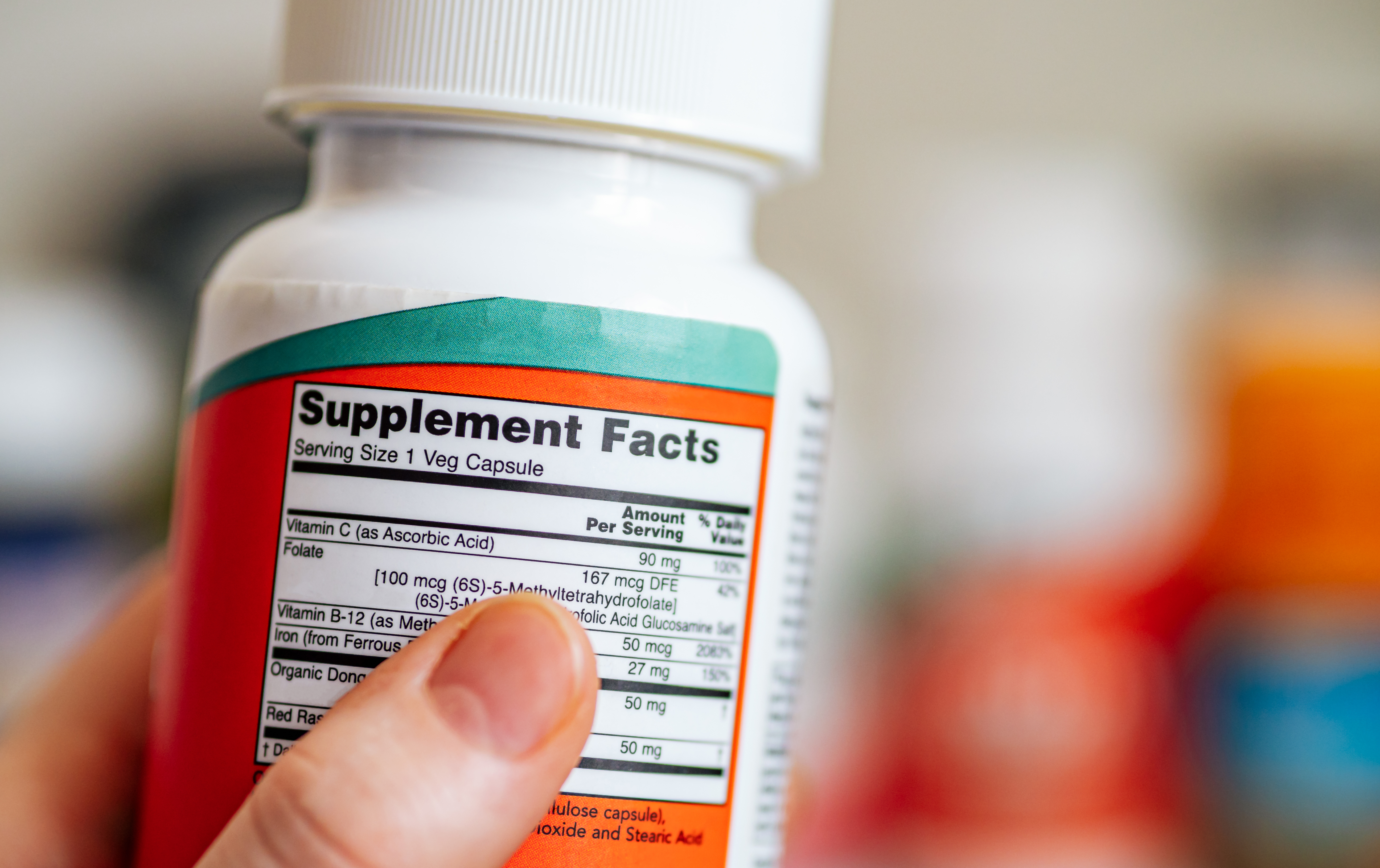 Close view of a supplement facts and ingredients label